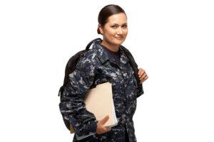 female navy soldier with books and bag