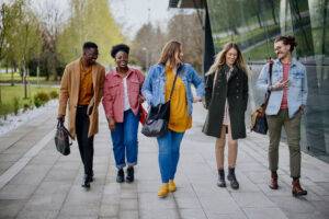 group of students walking on campus