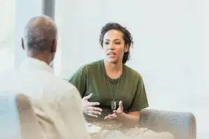 vulnerable soldier talking with social worker