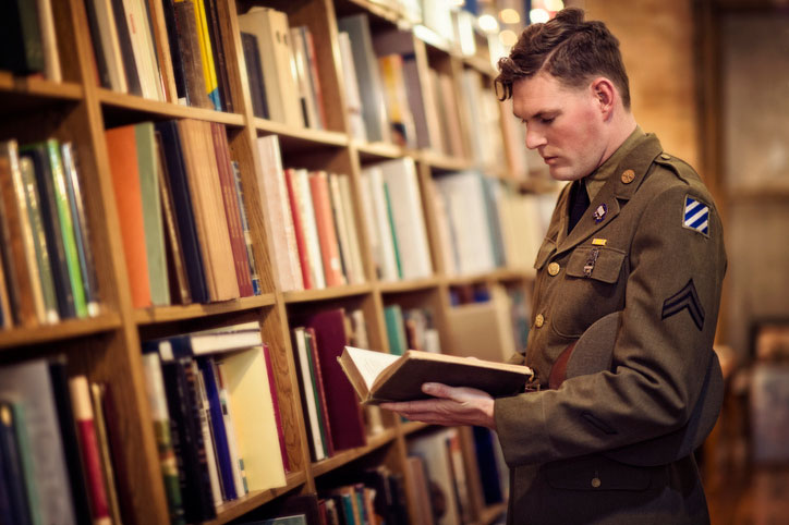 ww2 soldier reading in library