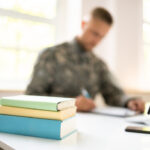 A student military member at a computer