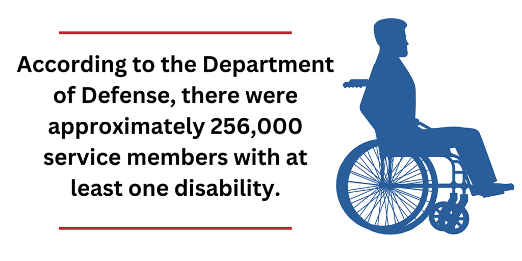 According to the Department of Defense, there were approximately 256,000 service members with at least one disability.