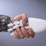 ai robot hand shaking military soldier's hand